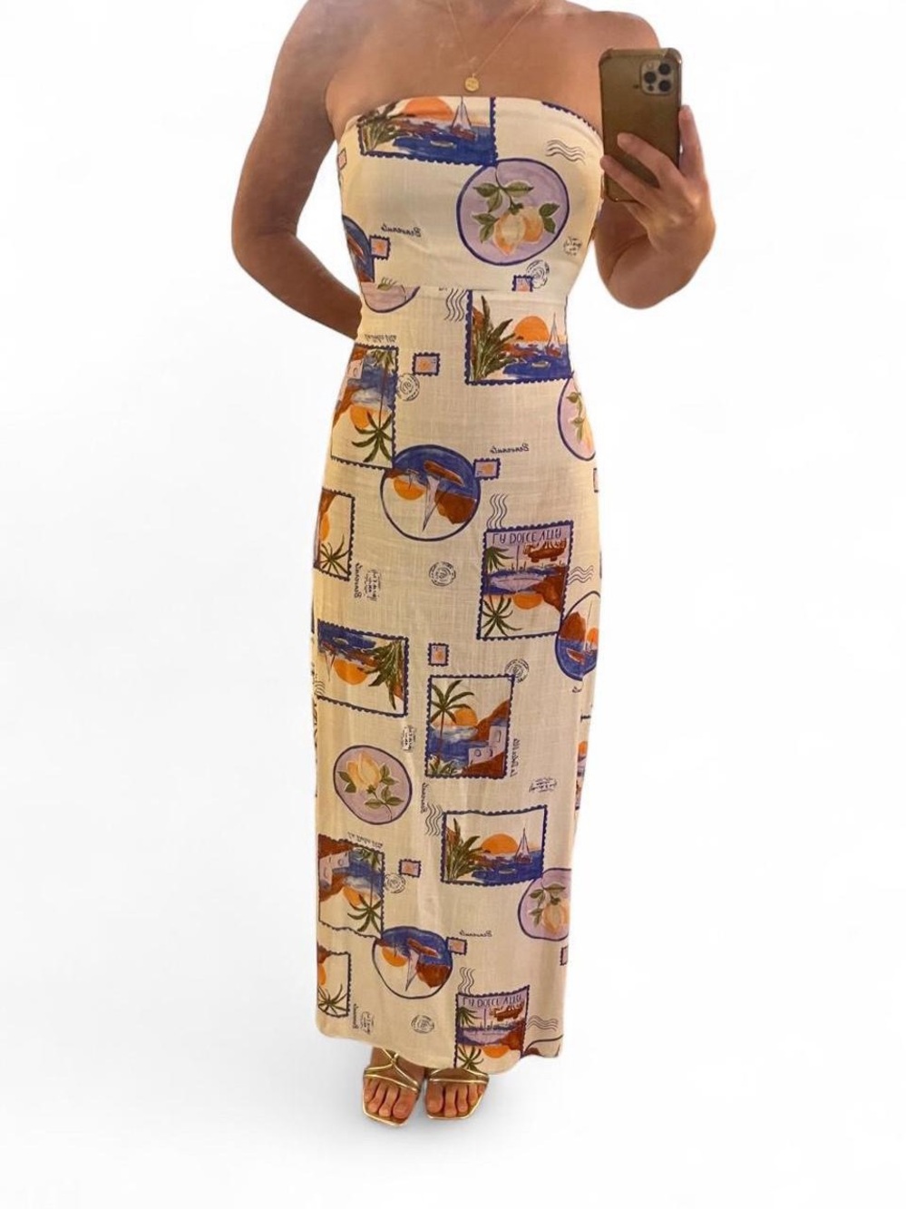 NWT Mediterranean Print Strapless Linen Dress & Short Sleeve Shirt Set White XS